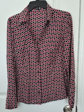 Ann Taylor Women's Red, Black & Cream Geometric Button-Up Blouse Size 10 Silk